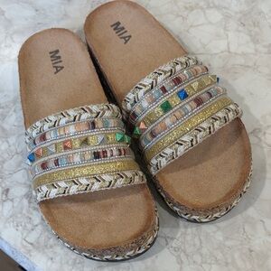 MIA Gold Beaded Slide Sandals - Women's Embellished Comfort Slides